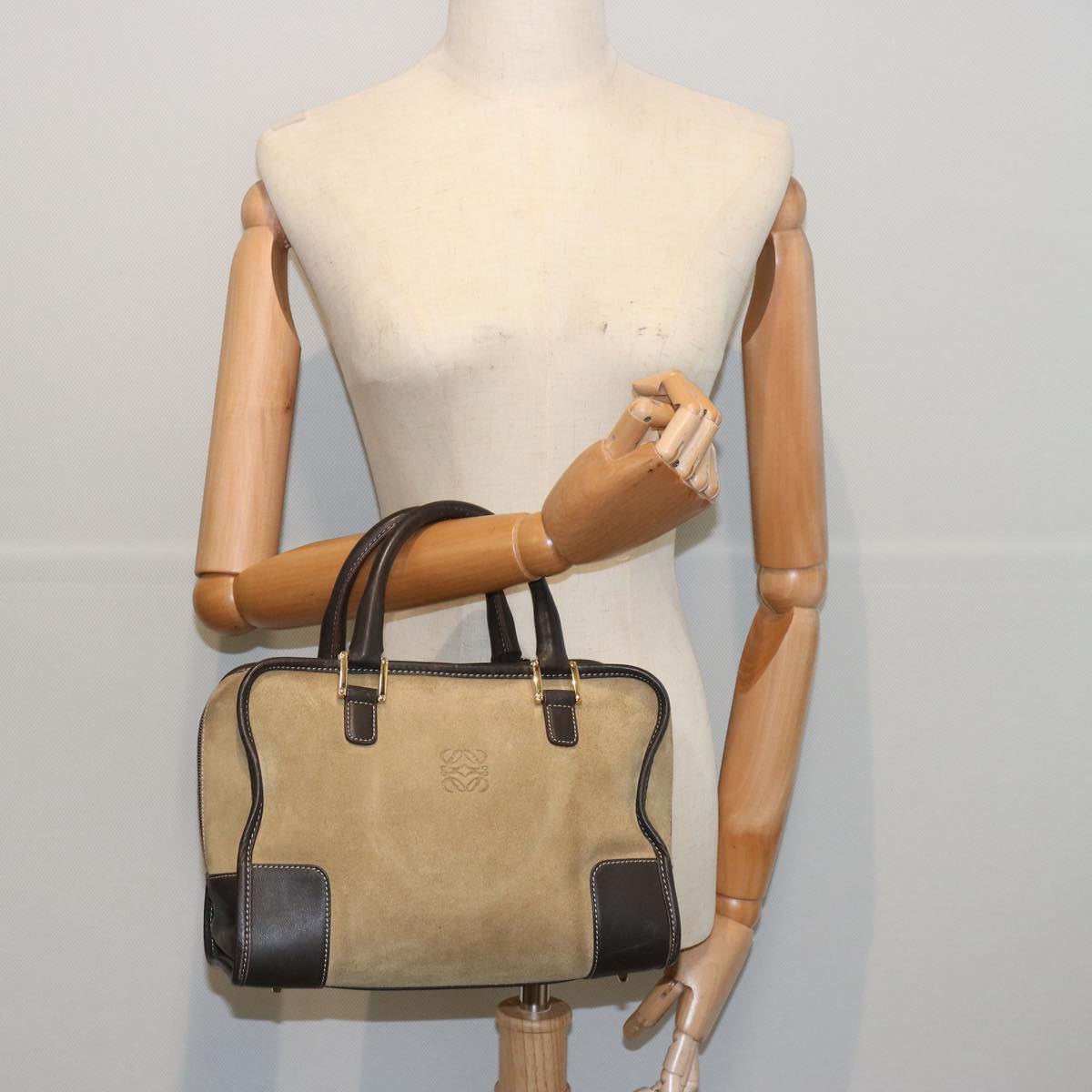 LOEWE Amazona Hand Bag Suede Beige Auth ep3208