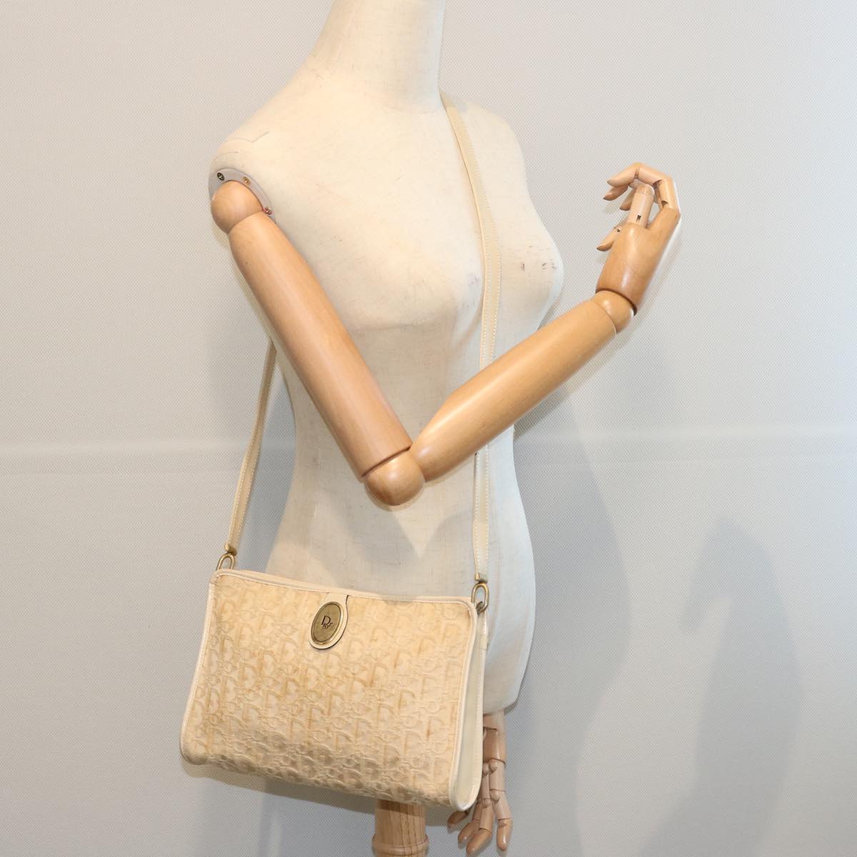 Christian Dior Trotter Canvas Shoulder Bag Beige Auth ep3227