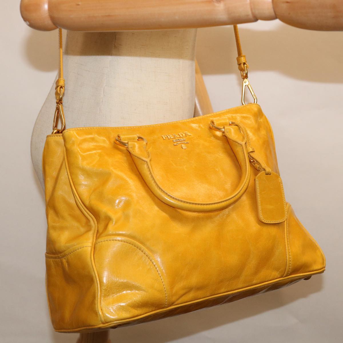 PRADA Hand Bag Leather 2way Yellow Auth ep3374