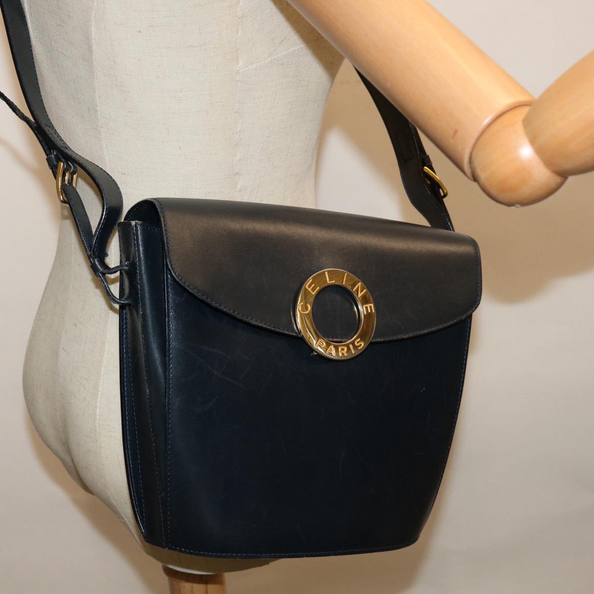 CELINE Shoulder Bag Leather Navy Auth ep3396