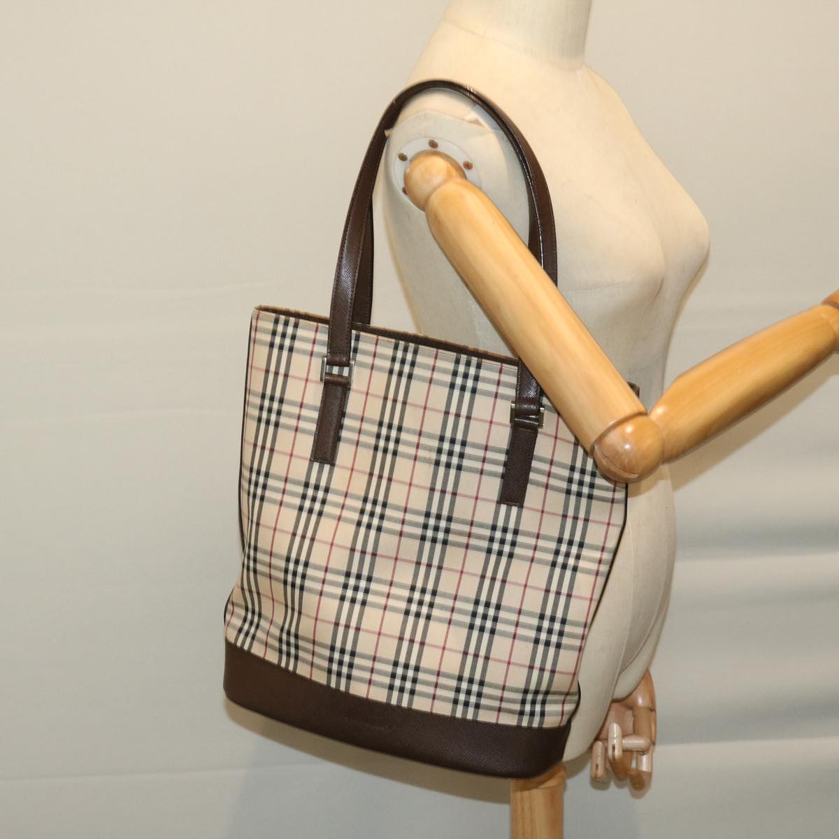 BURBERRY Nova Check Tote Bag Nylon Leather Beige Auth ep3467