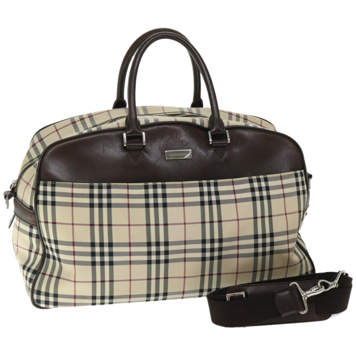 BURBERRY Nova Check Boston Bag Canvas Beige Auth ep3469