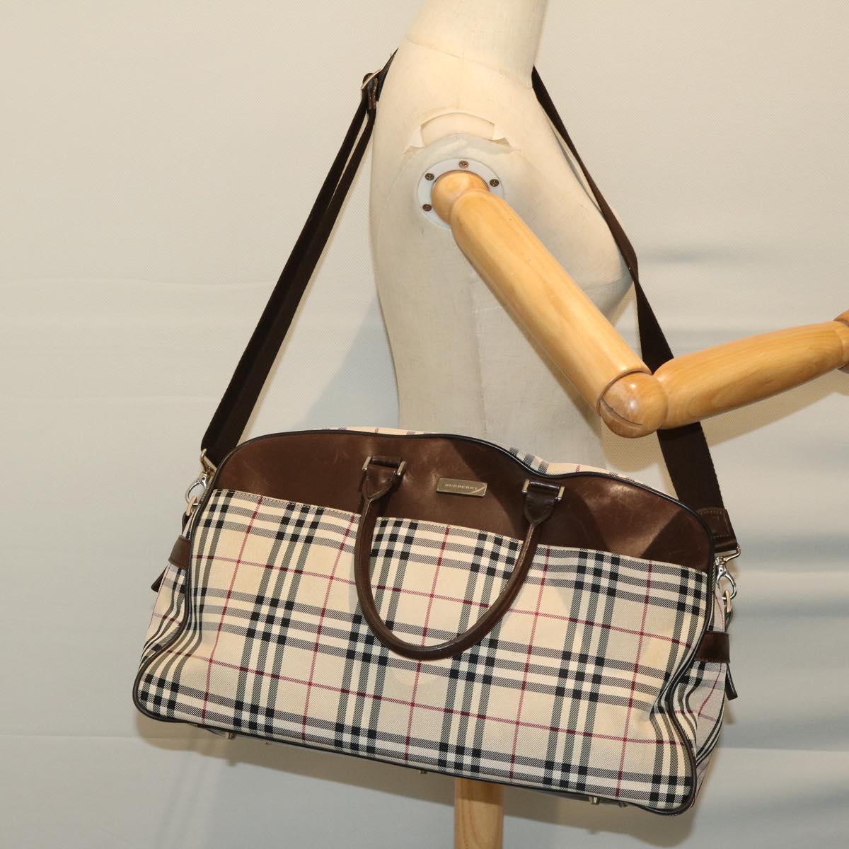 BURBERRY Nova Check Boston Bag Canvas Beige Auth ep3469