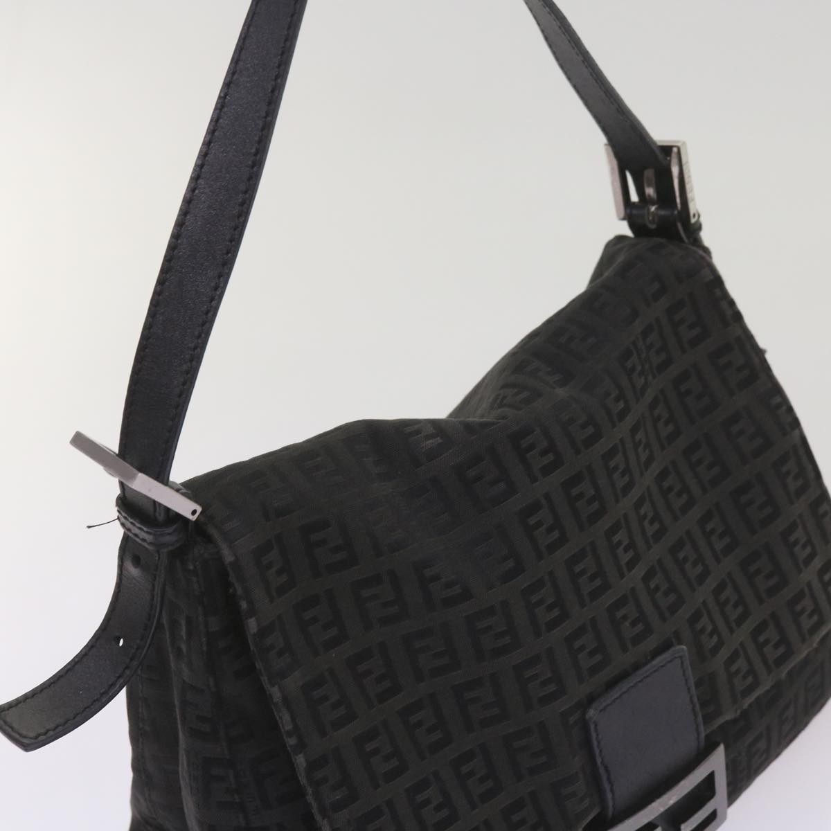 FENDI Zucchino Canvas Mamma Baguette Shoulder Bag Black Auth ep3527
