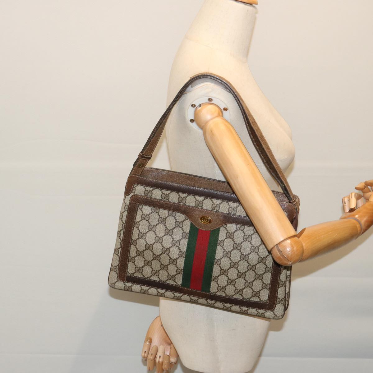 GUCCI GG Supreme Web Sherry Line Shoulder Bag Beige Red Green Auth ep3747