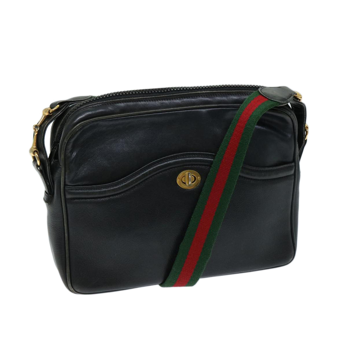 GUCCI Web Sherry Line Shoulder Bag Leather Black Red Green Auth ep3751