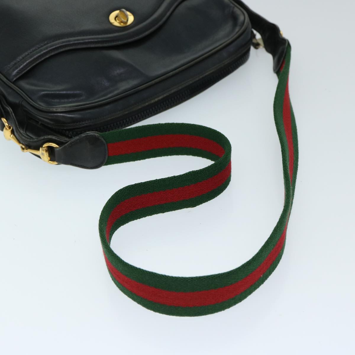 GUCCI Web Sherry Line Shoulder Bag Leather Black Red Green Auth ep3751