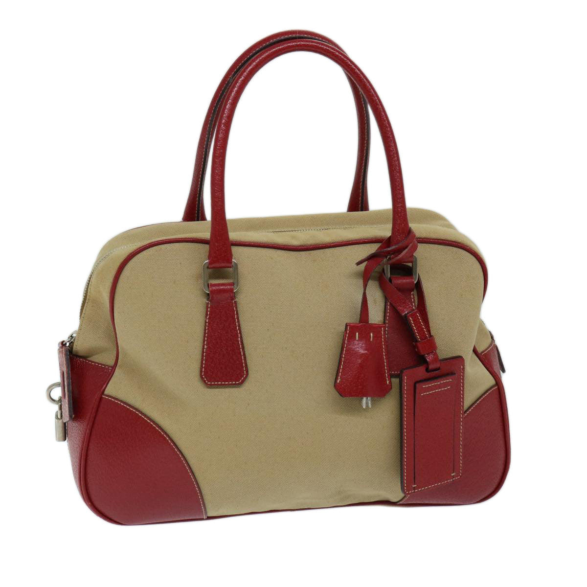 PRADA Hand Bag Canvas Beige Red Auth ep3816