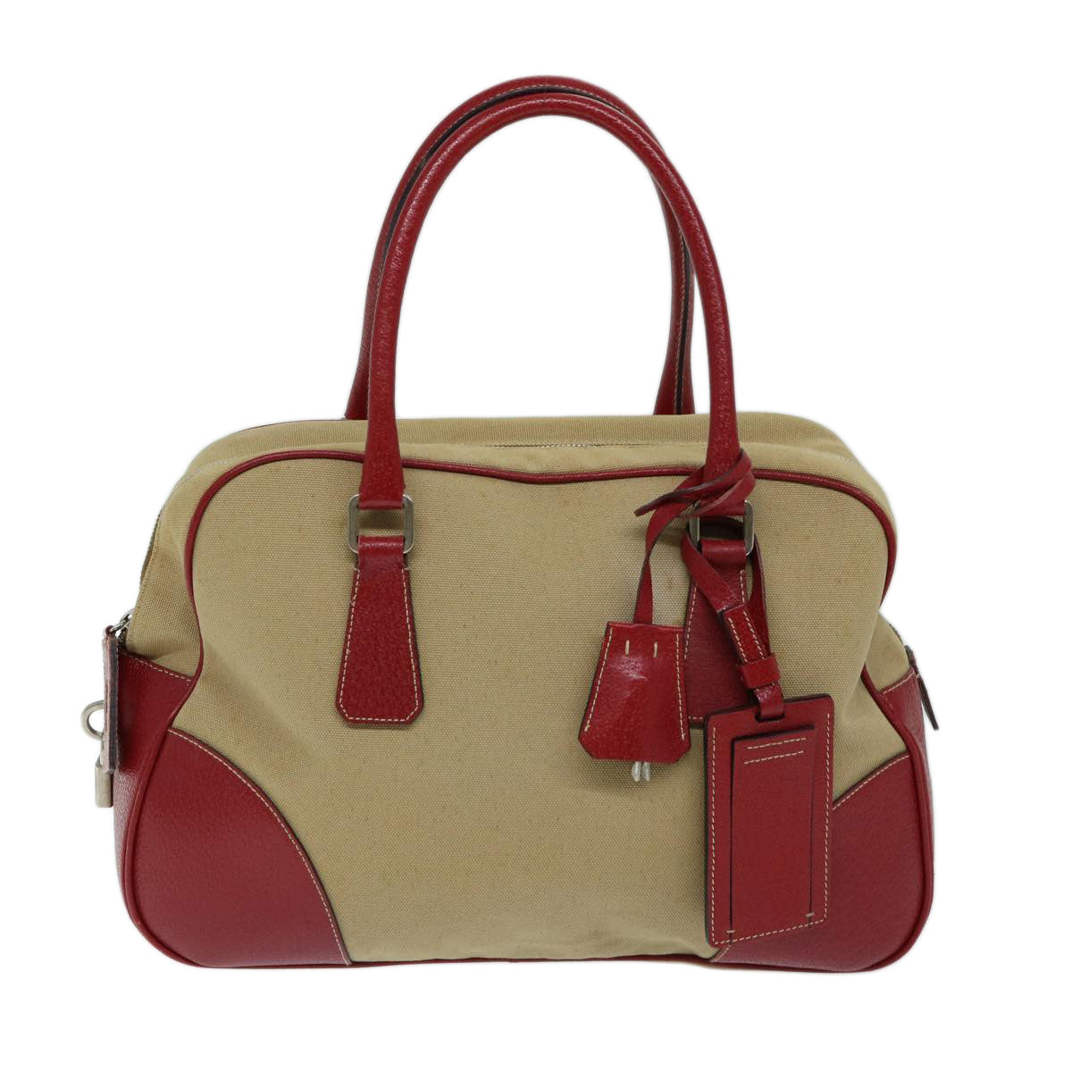 PRADA Hand Bag Canvas Beige Red Auth ep3816