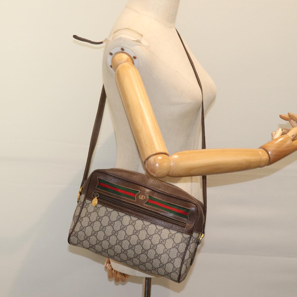 GUCCI GG Supreme Web Sherry Line Shoulder Bag PVC Beige Red 4023 001 Auth ep3849