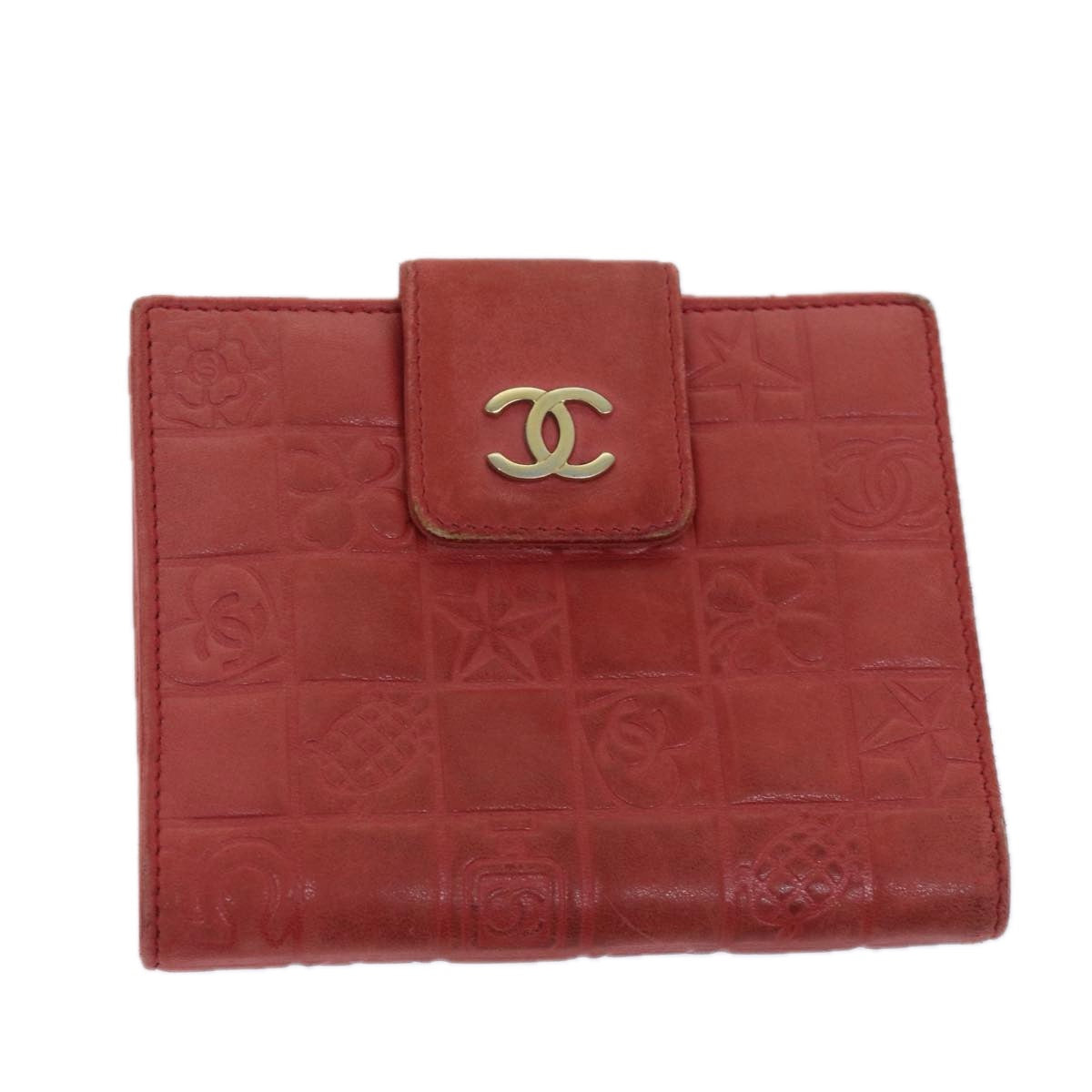 CHANEL Icon Line Bifold Wallet Leather Red CC Auth ep3882