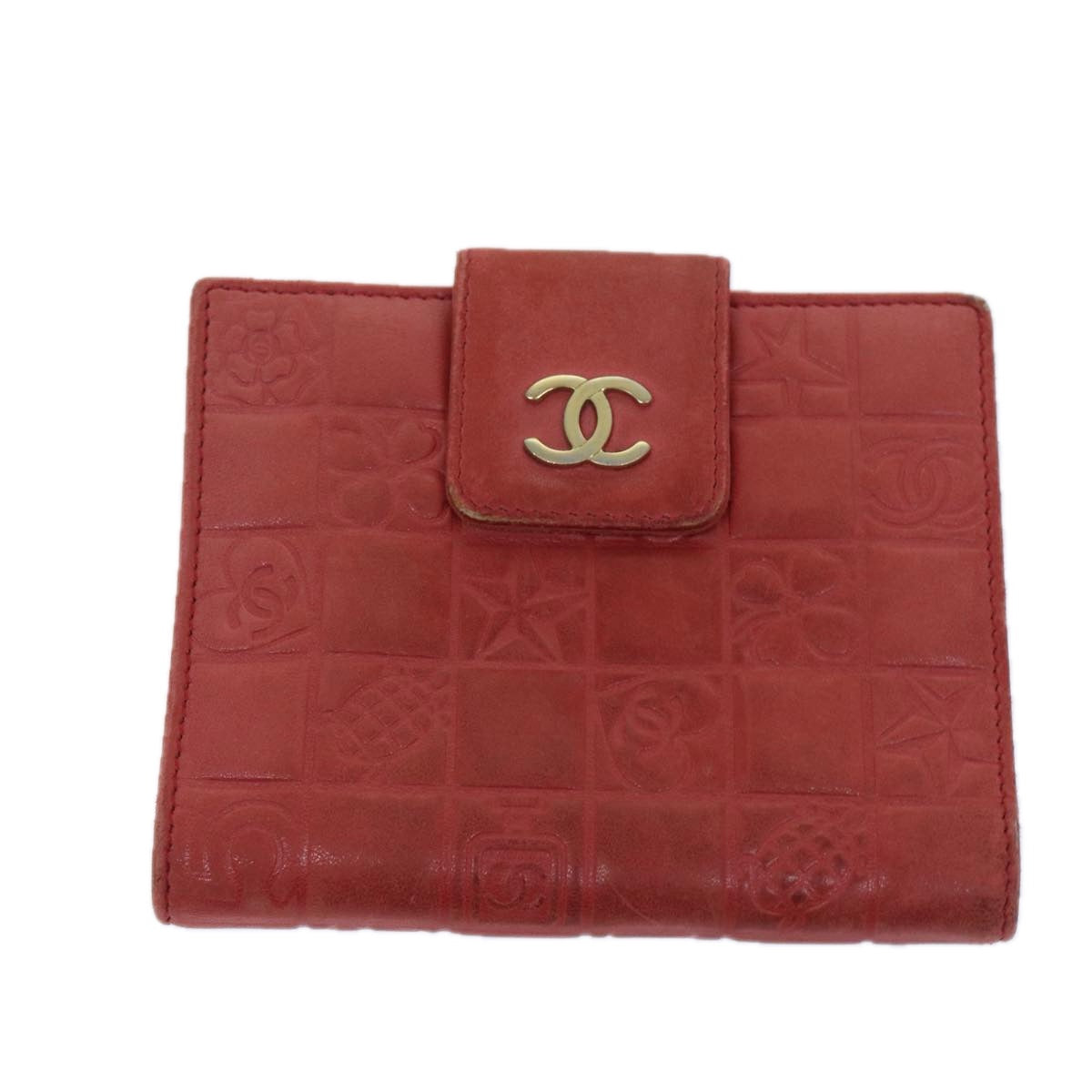 CHANEL Icon Line Bifold Wallet Leather Red CC Auth ep3882