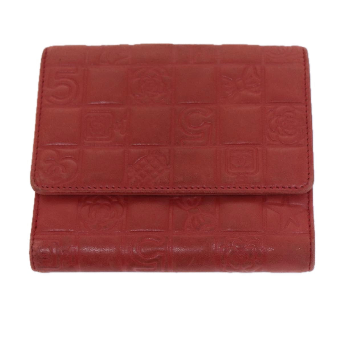 CHANEL Icon Line Bifold Wallet Leather Red CC Auth ep3882 - 0