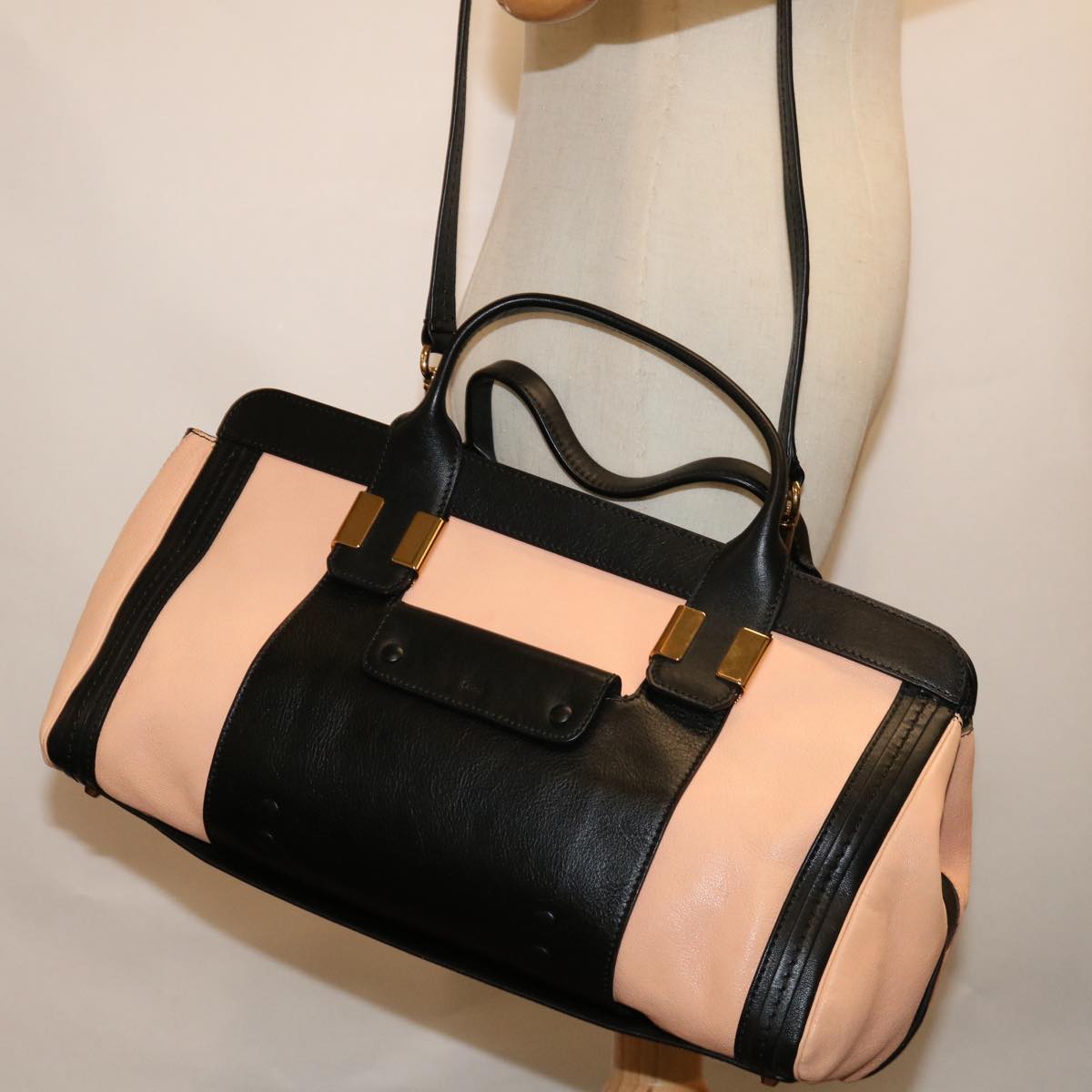 Chloe Hand Bag Leather 2way Black Beige Auth ep3901