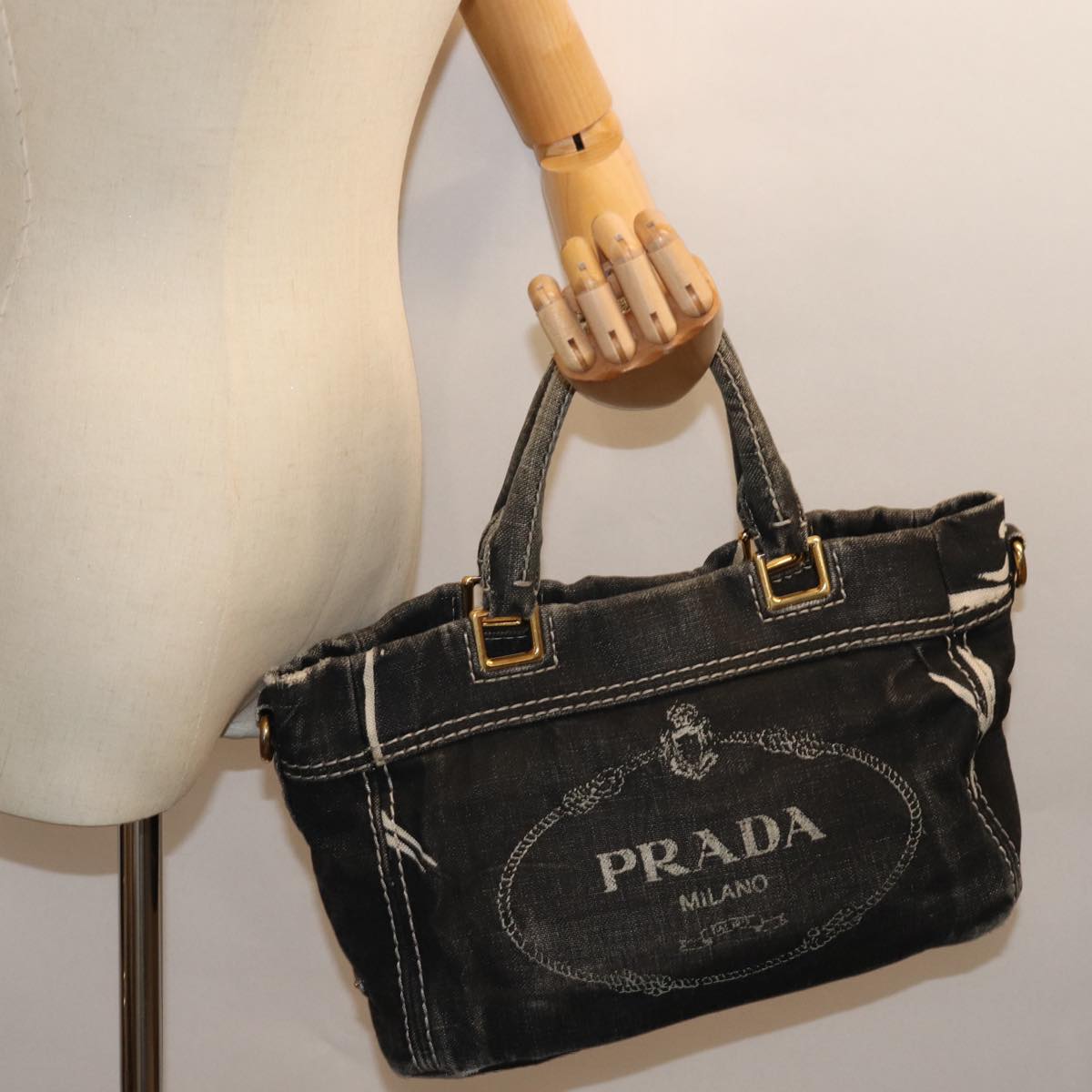 PRADA Hand Bag Canvas Black Auth ep4062