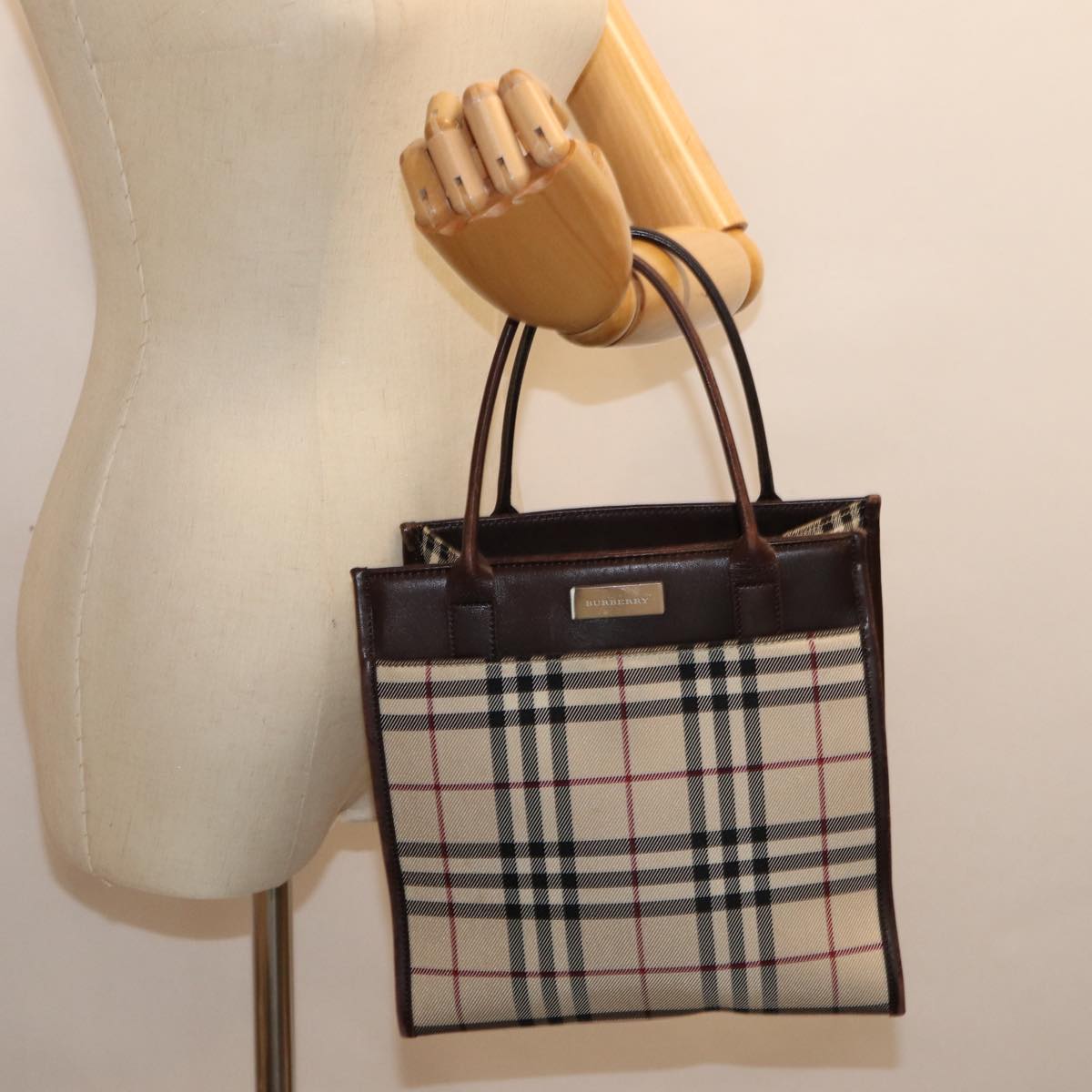 BURBERRY Nova Check Hand Bag Canvas Beige Auth ep4103