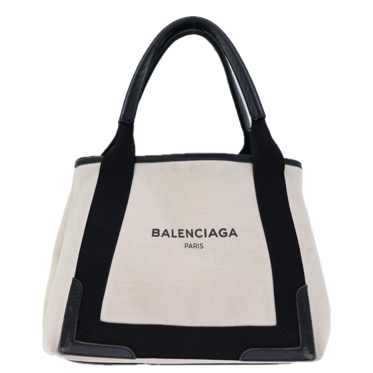 BALENCIAGA Navy Cabas S Hand Bag Canvas White Black 339933 Auth ep4111