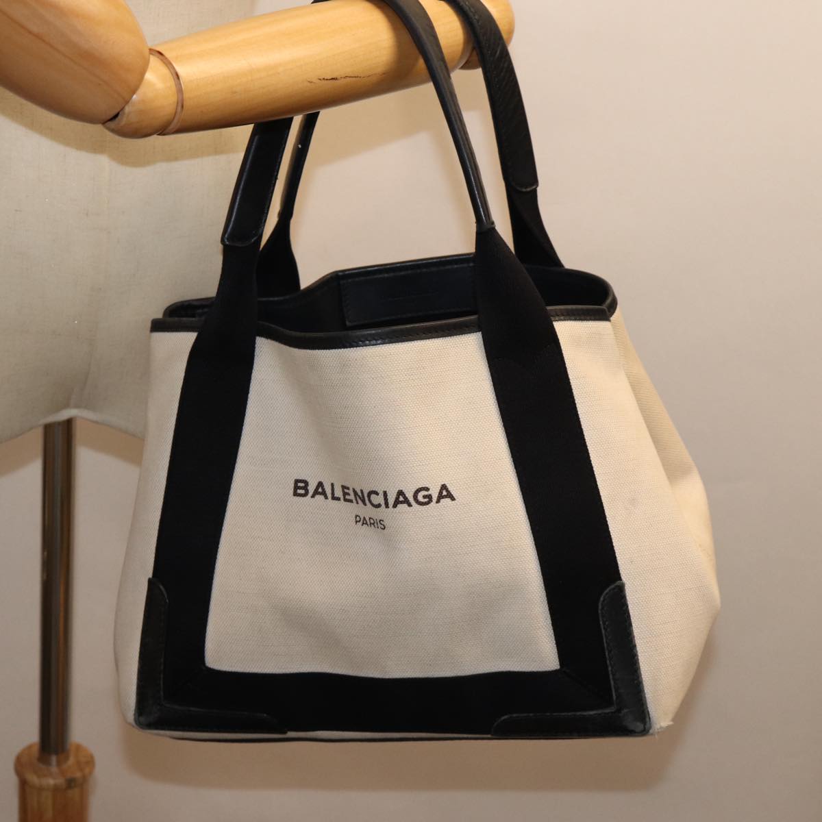 BALENCIAGA Navy Cabas S Hand Bag Canvas White Black 339933 Auth ep4111