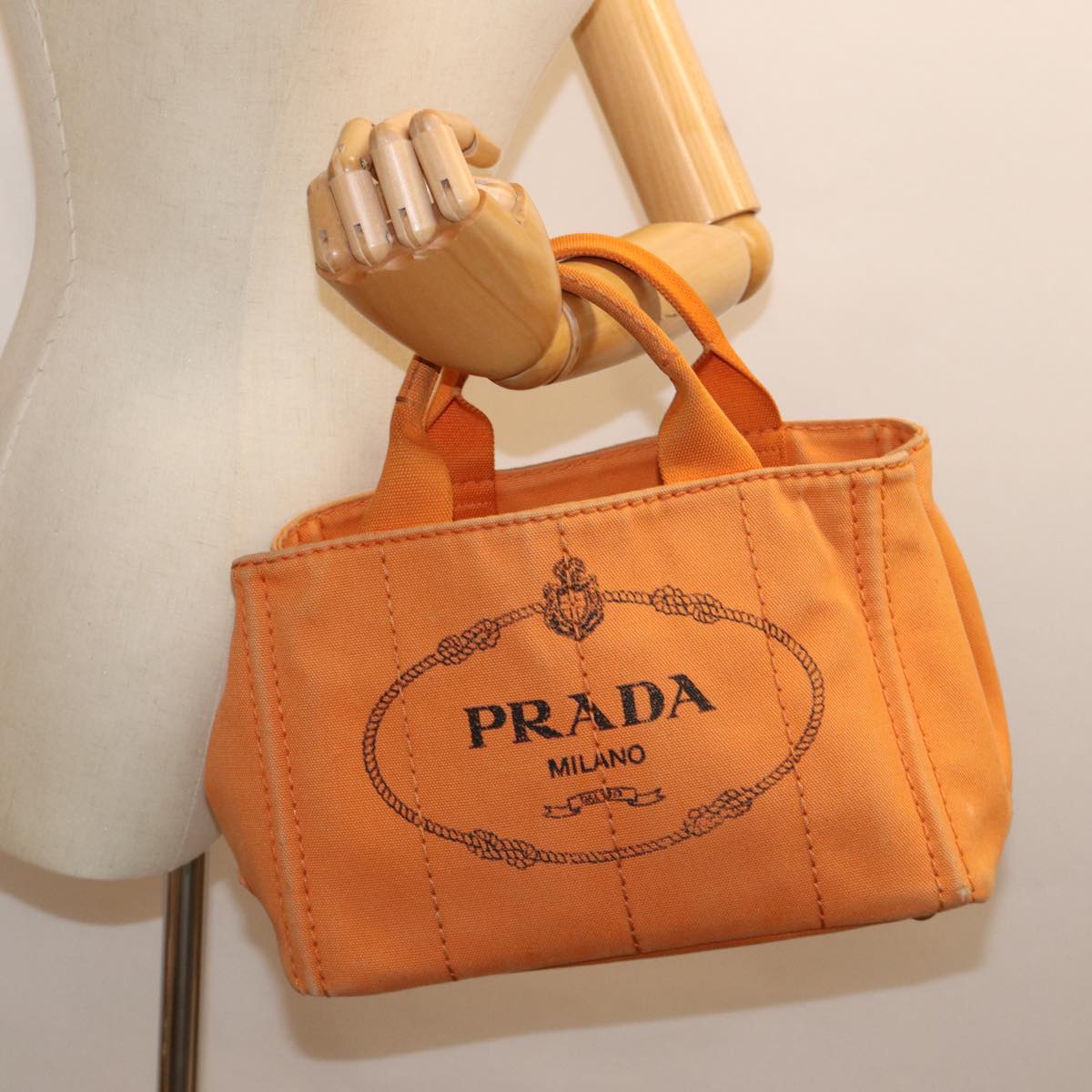 PRADA Canapa PM Hand Bag Canvas Orange Auth ep4144