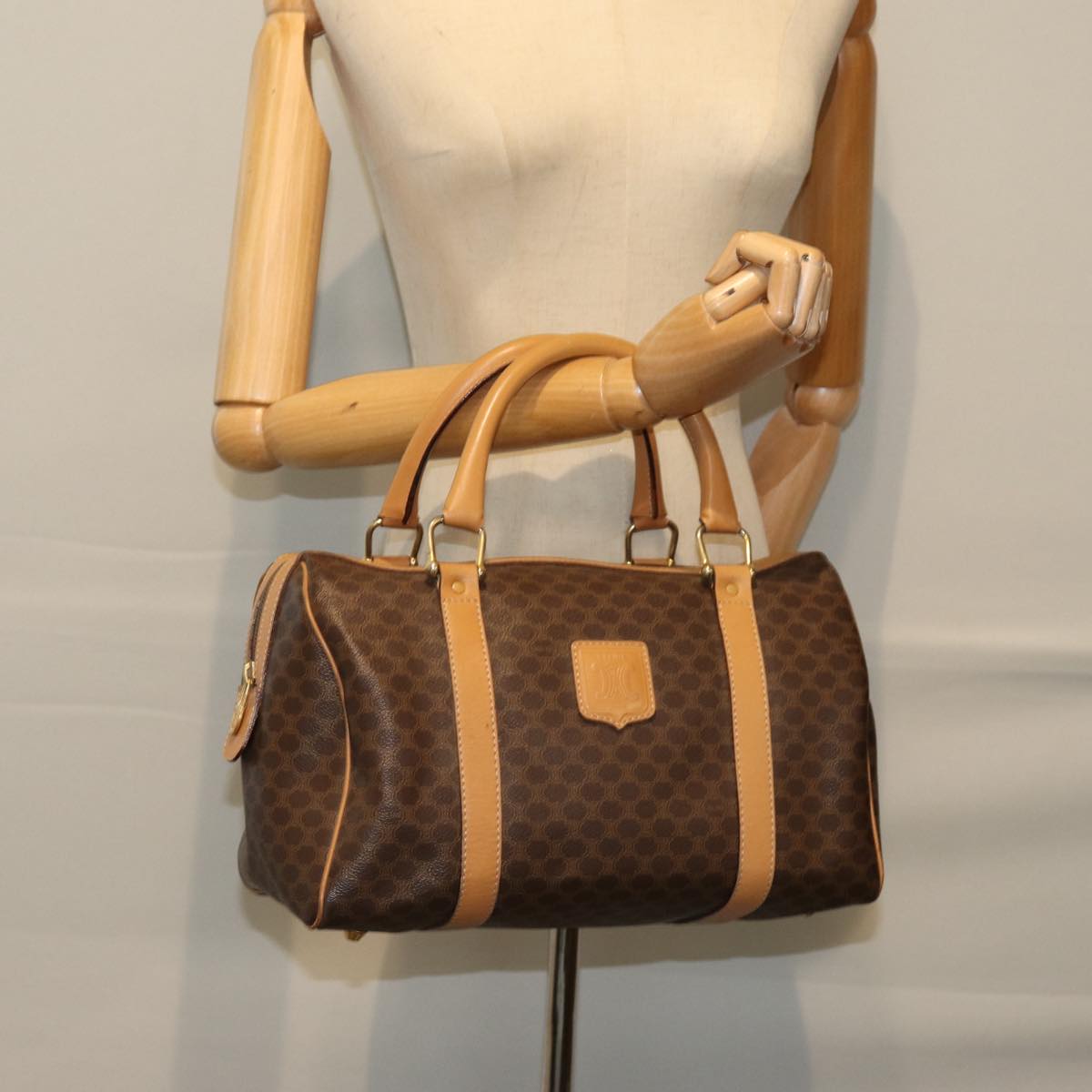 CELINE Macadam Canvas Boston Bag PVC Leather Brown Auth ep4183