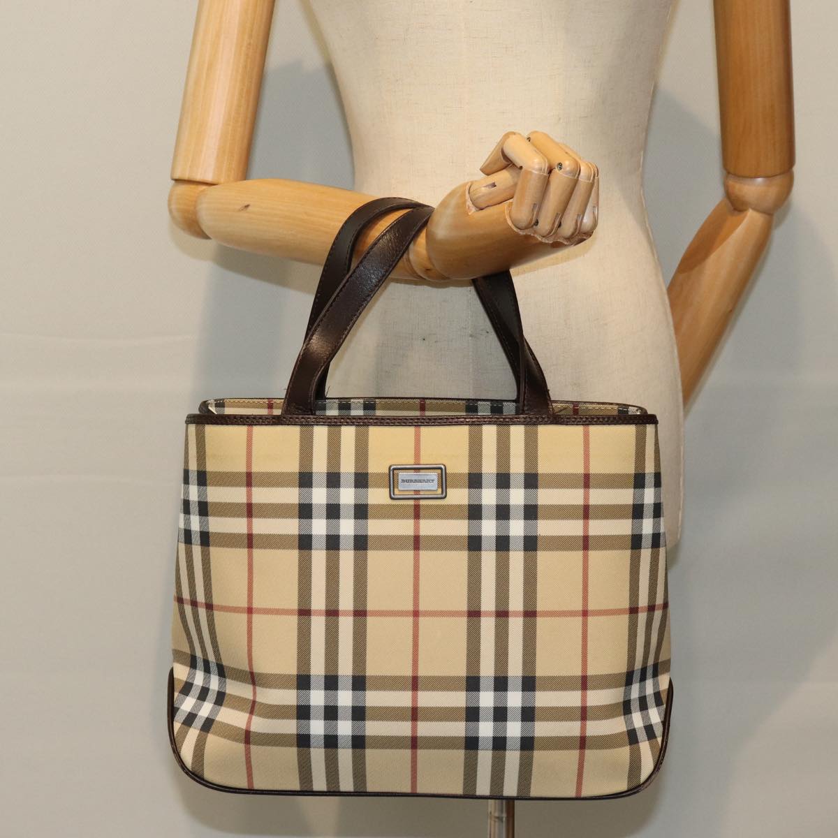 BURBERRY Nova Check Hand Bag PVC Leather Beige Dark Brown Auth ep4186