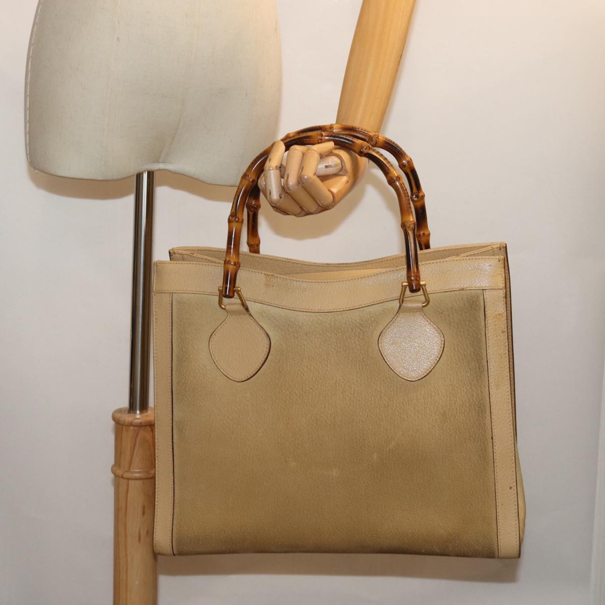 GUCCI Bamboo Hand Bag Suede Leather Beige 002 1186 0260 Auth ep4206