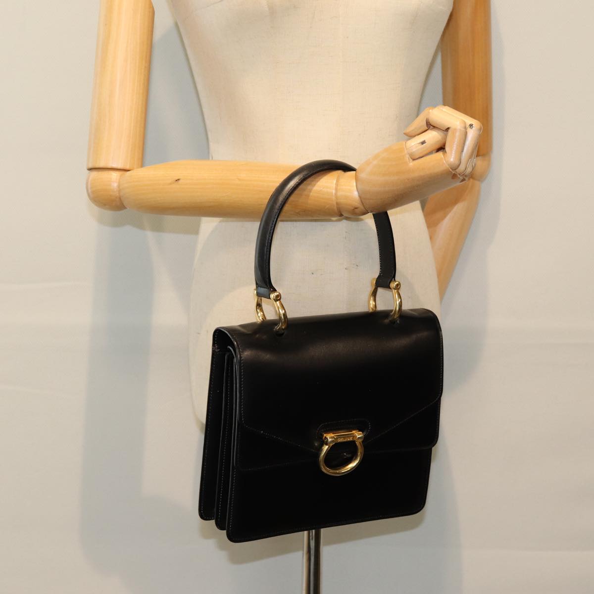 CELINE Hand Bag Leather Black Auth ep4220