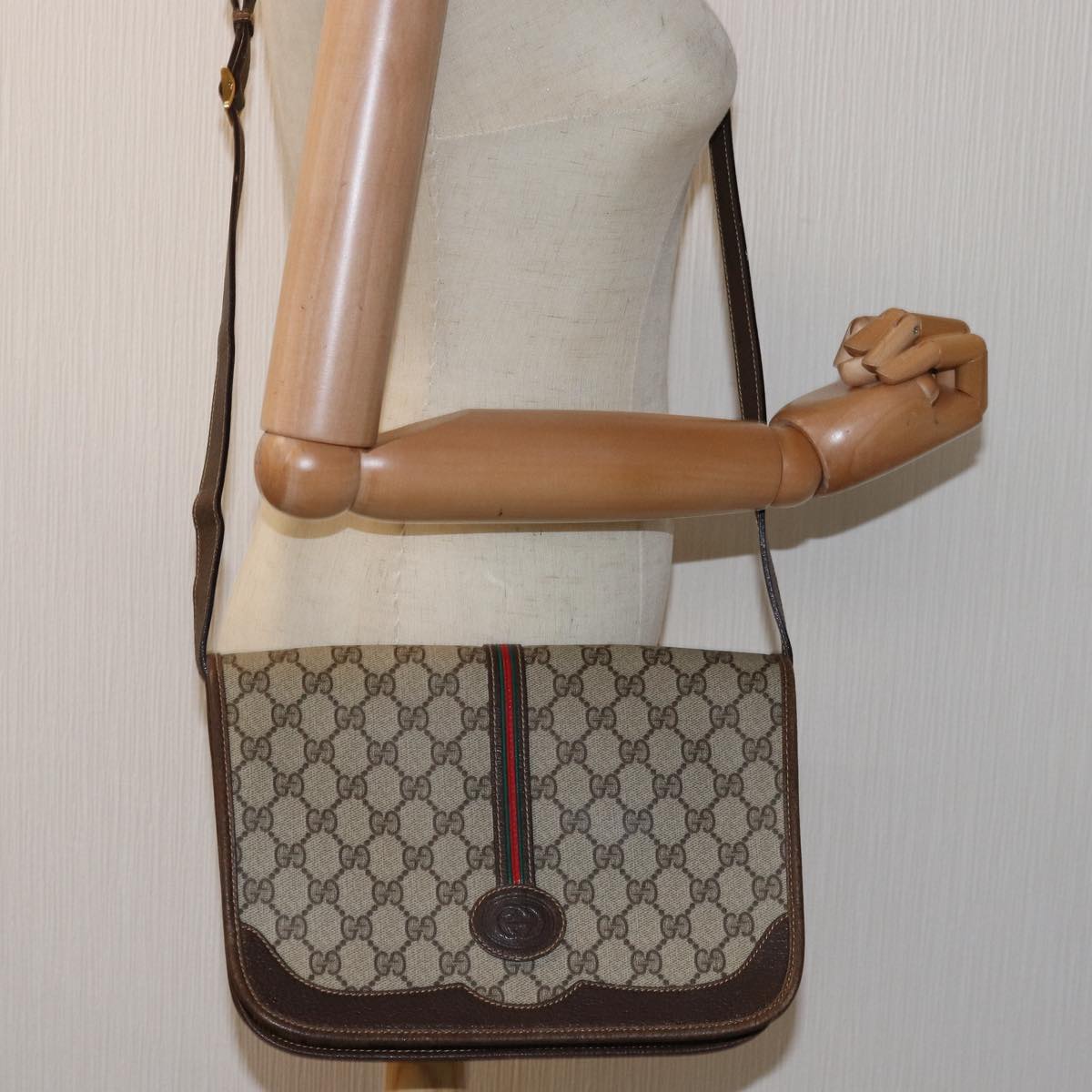 GUCCI GG Supreme Web Sherry Line Shoulder Bag PVC Leather Beige Auth ep4229