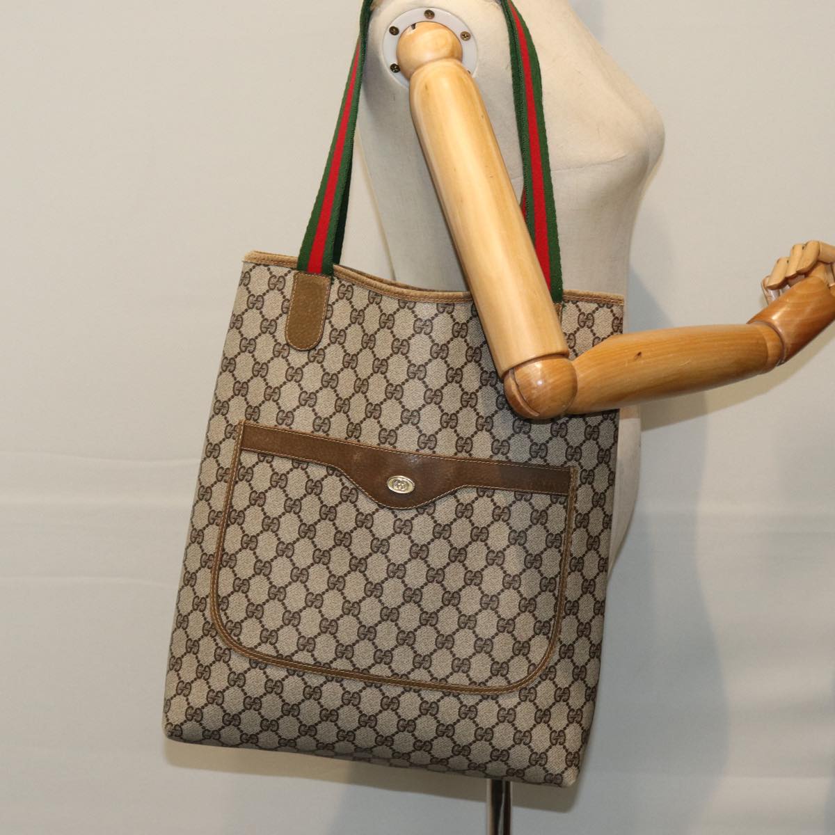 GUCCI GG Supreme Web Sherry Line Tote Bag PVC Red Beige Green Auth ep4242