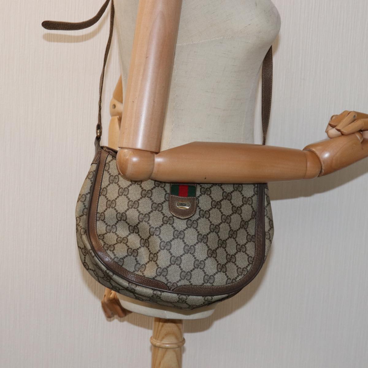 GUCCI GG Supreme Web Sherry Line Shoulder Bag PVC Leather Beige Auth ep4259