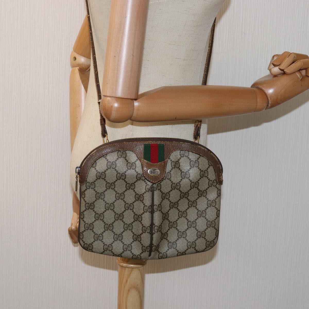 GUCCI GG Supreme Web Sherry Line Shoulder Bag PVC Leather Beige Auth ep4265