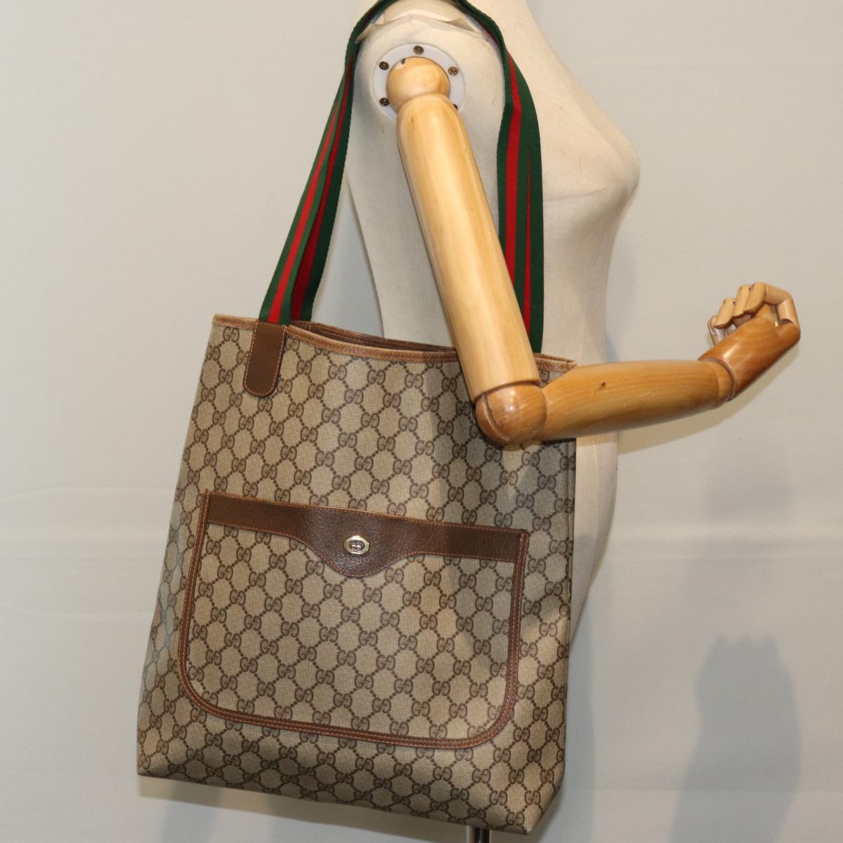 GUCCI GG Supreme Web Sherry Line Tote Bag PVC Red Beige 89 02 003 Auth ep4284