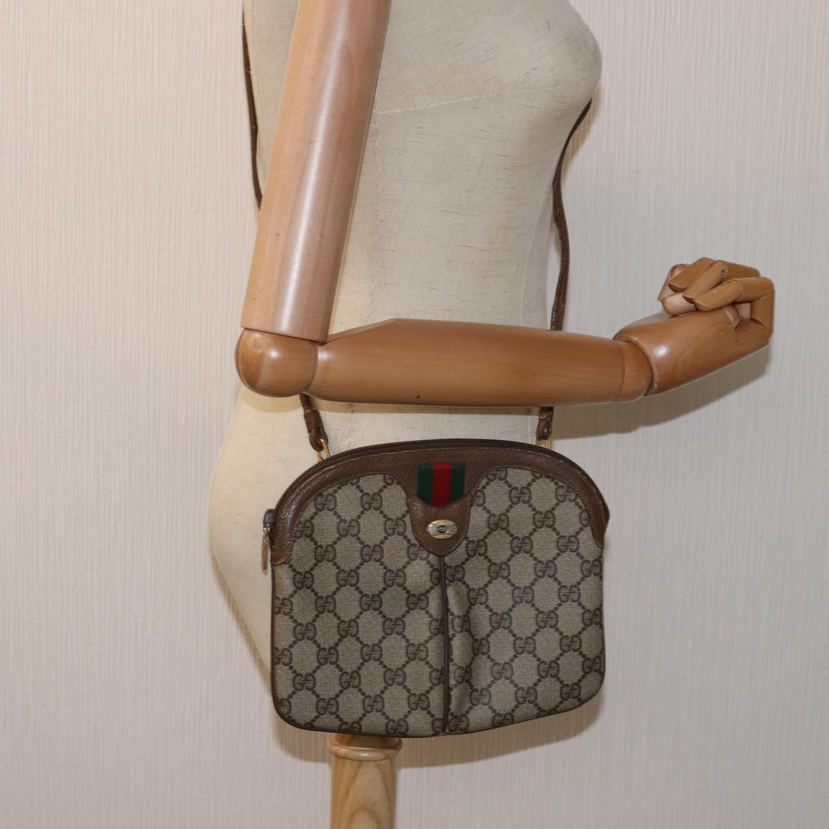 GUCCI GG Supreme Web Sherry Line Shoulder Bag PVC Leather Beige Auth ep4316