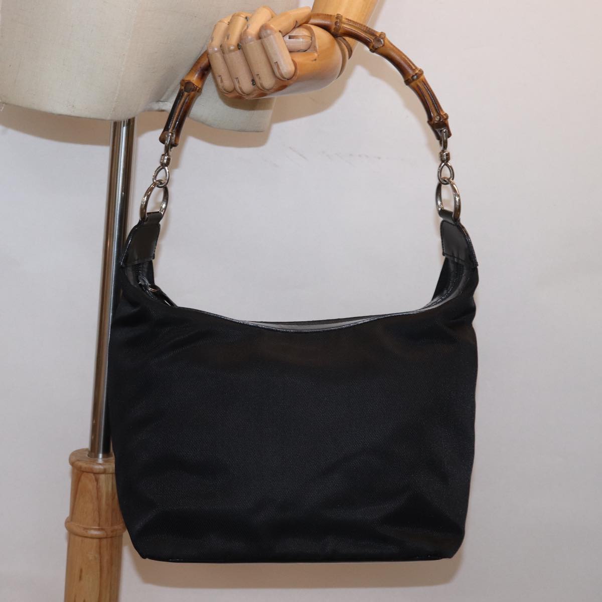 GUCCI Bamboo Shoulder Bag Nylon Black Auth ep4342