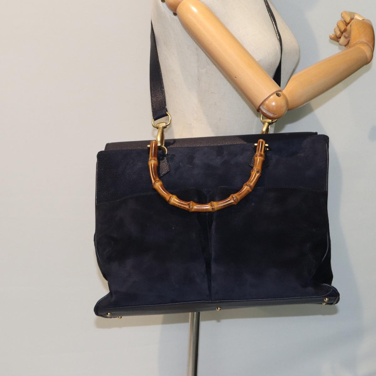 GUCCI Bamboo Hand Bag Suede 2way Navy 002 2855 0322 0 Auth ep4351