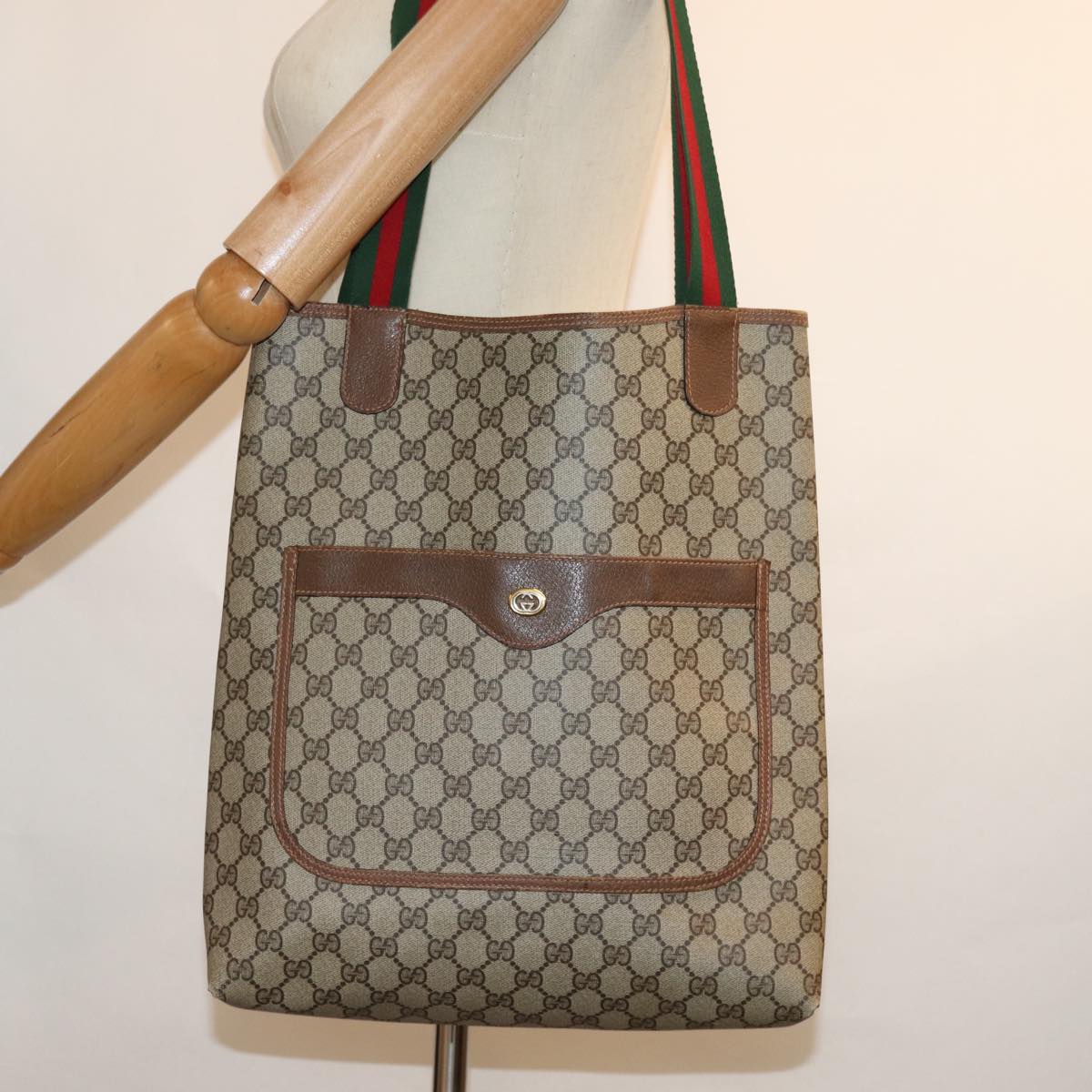 GUCCI GG Supreme Web Sherry Line Tote Bag Beige Red Green 89 02 003 Auth ep4366