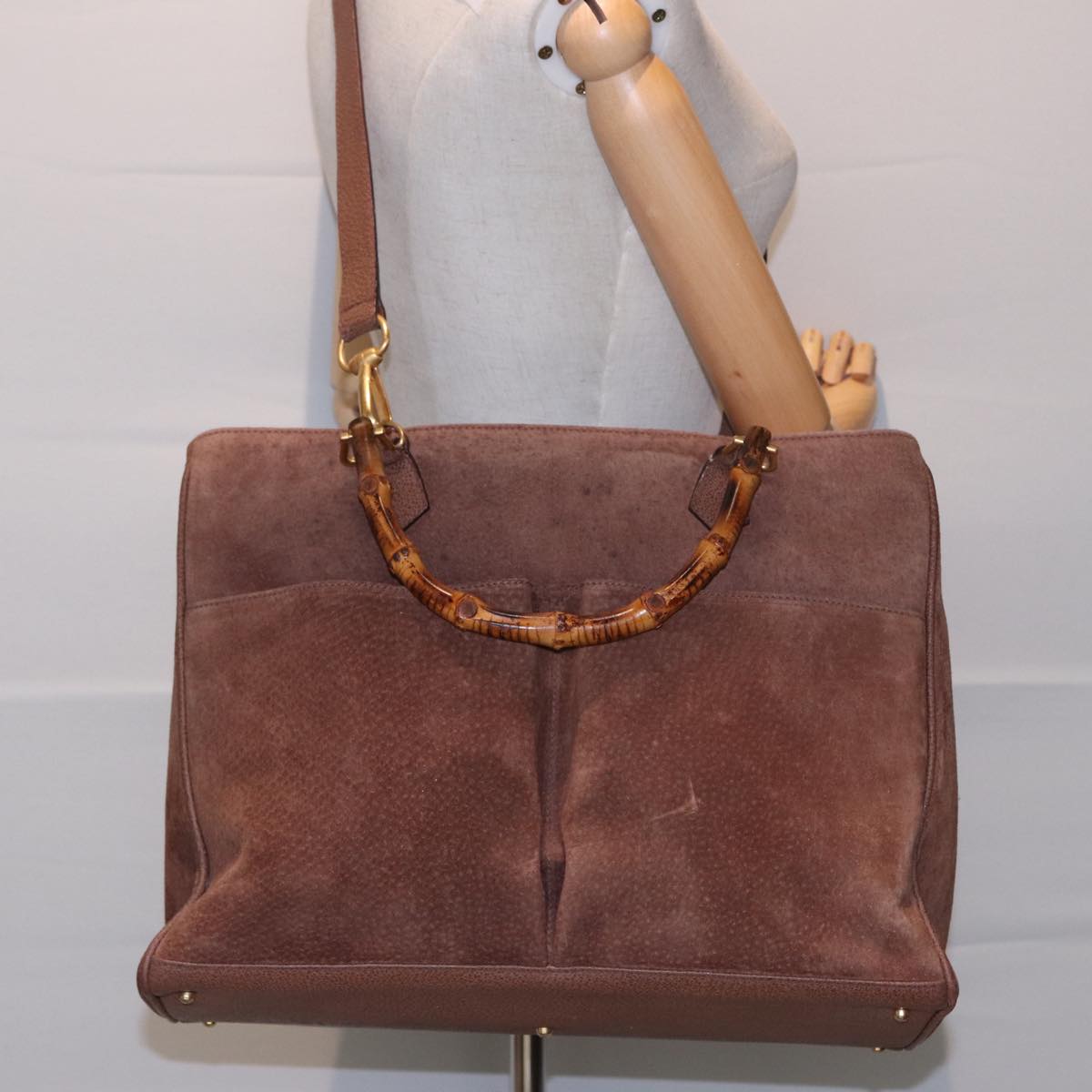 GUCCI Bamboo Hand Bag Suede Leather 2way Brown 002 2855 0322 0 Auth ep4371