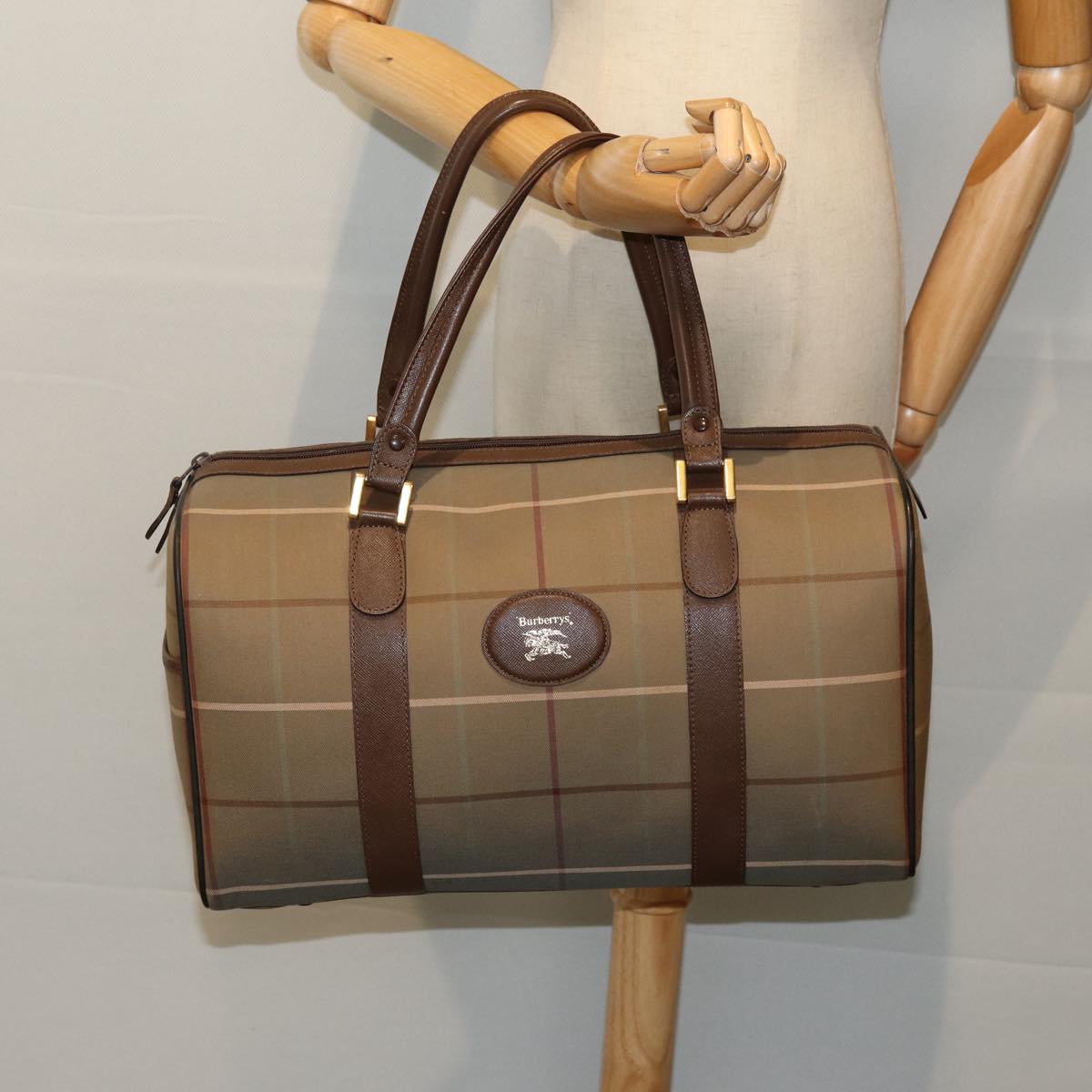 Burberrys Nova Check Boston Bag Canvas Beige Auth ep4373