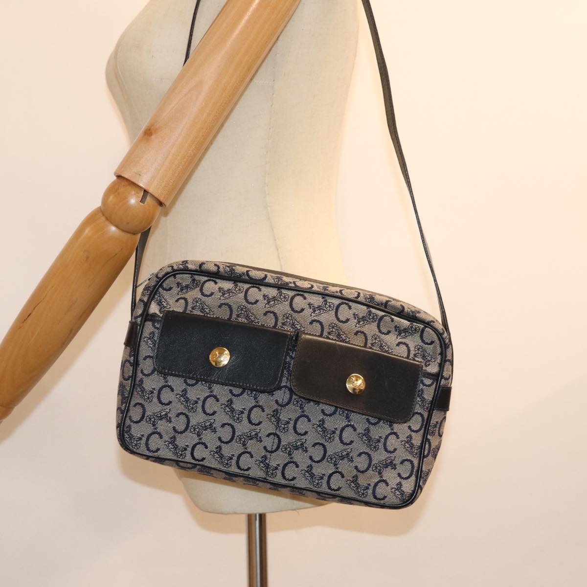 CELINE C Macadam Canvas Shoulder Bag Navy Auth ep4394