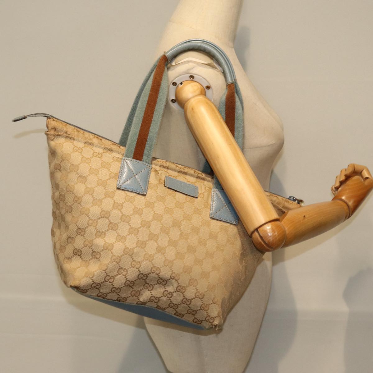 GUCCI GG Canvas Sherry Line Tote Bag Beige Light Blue Brown 131230 Auth ep4402