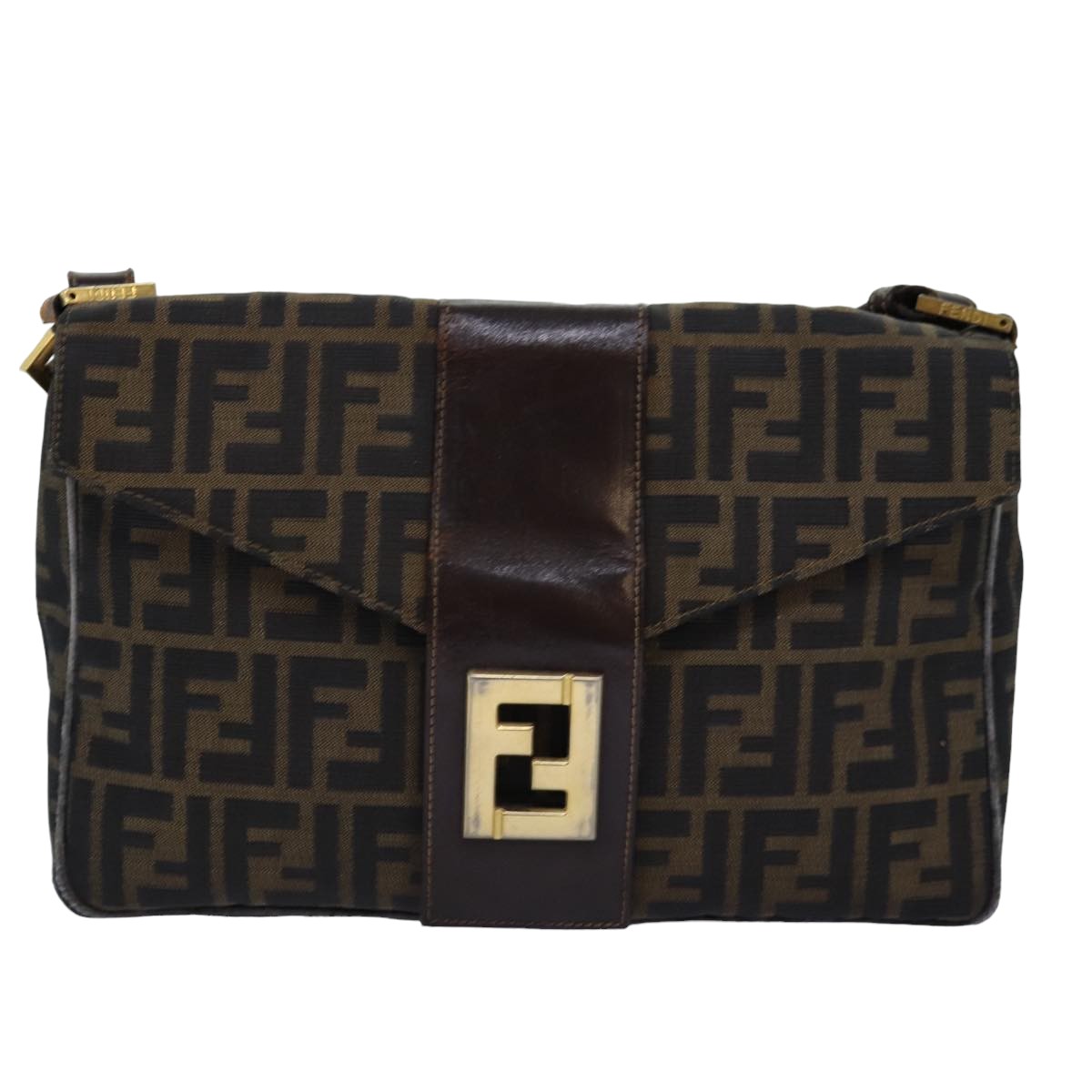 FENDI Zucca Canvas Shoulder Bag Black Brown Auth ep4406