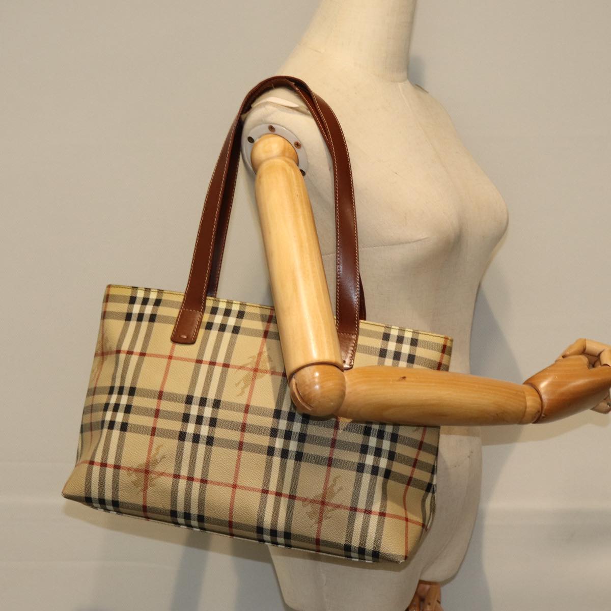 BURBERRY Nova Check Tote Bag PVC Leather Beige Auth ep4423