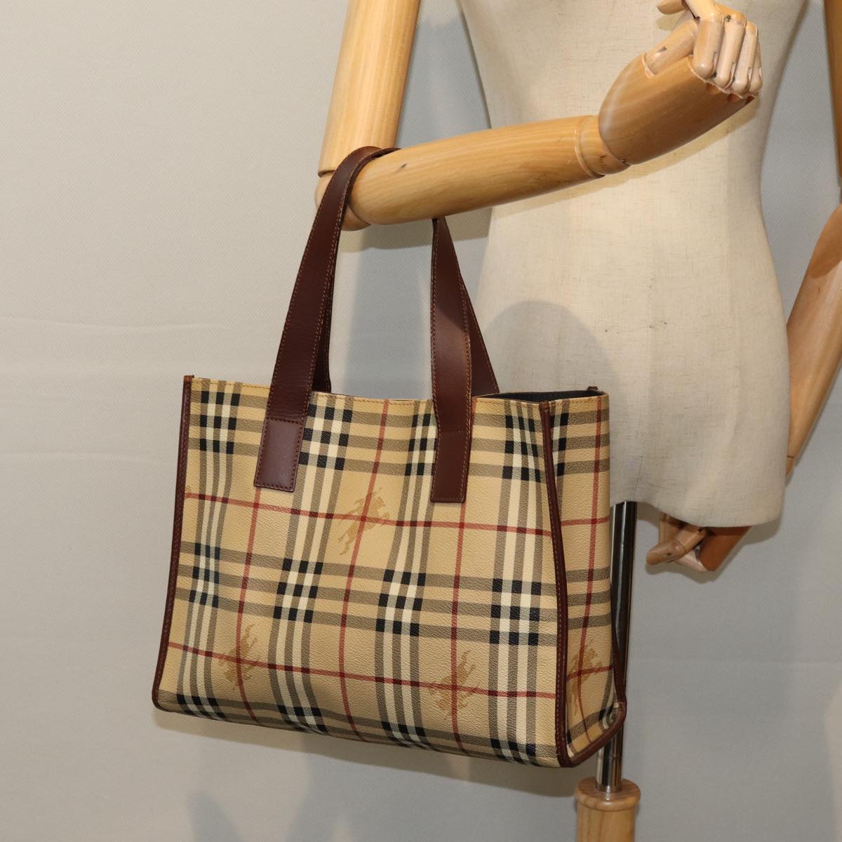 BURBERRY Nova Check Tote Bag PVC Leather Beige Auth ep4443