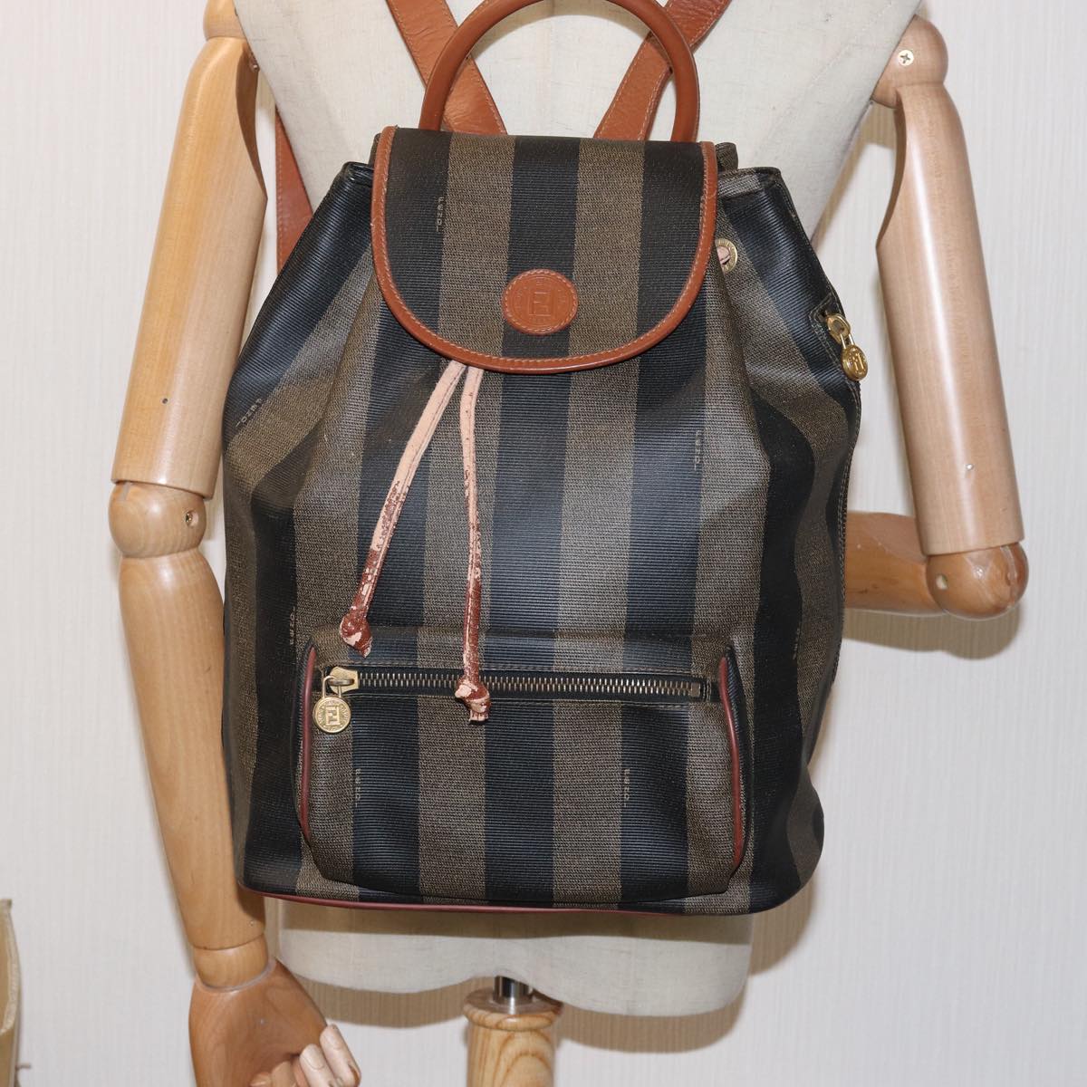 FENDI Pecan Canvas Backpack Brown Black Auth ep4454