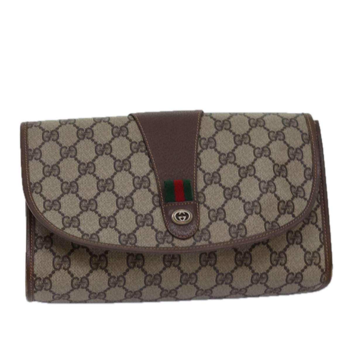 GUCCI GG Supreme Web Sherry Line Clutch Bag PVC Beige Red 156 01 030 Auth ep4466