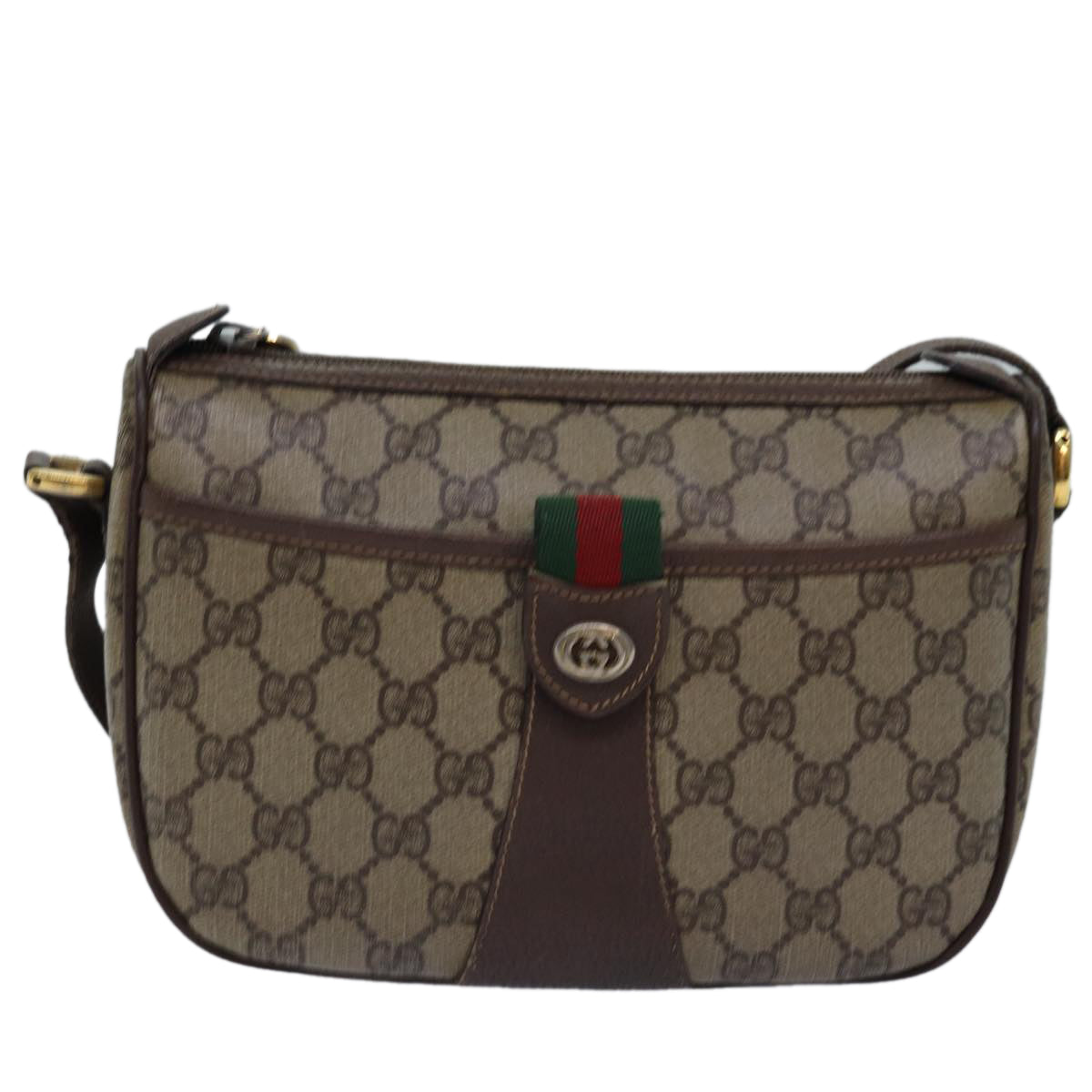 GUCCI GG Supreme Web Sherry Line Shoulder Bag PVC Leather Beige Brown Auth - 0