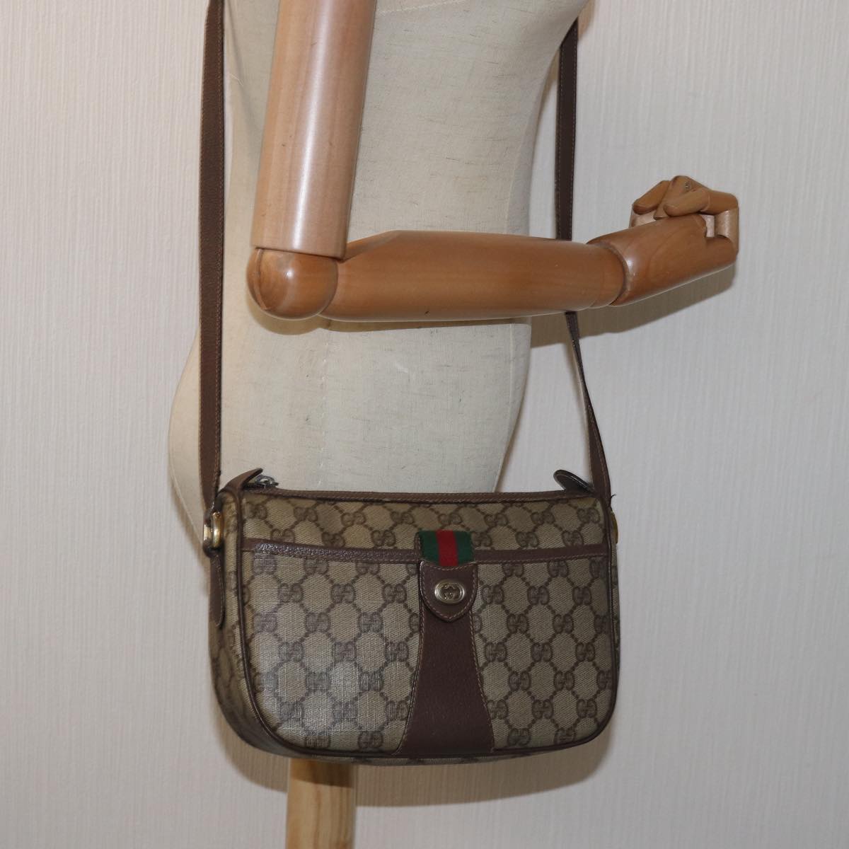 GUCCI GG Supreme Web Sherry Line Shoulder Bag PVC Leather Beige Brown Auth