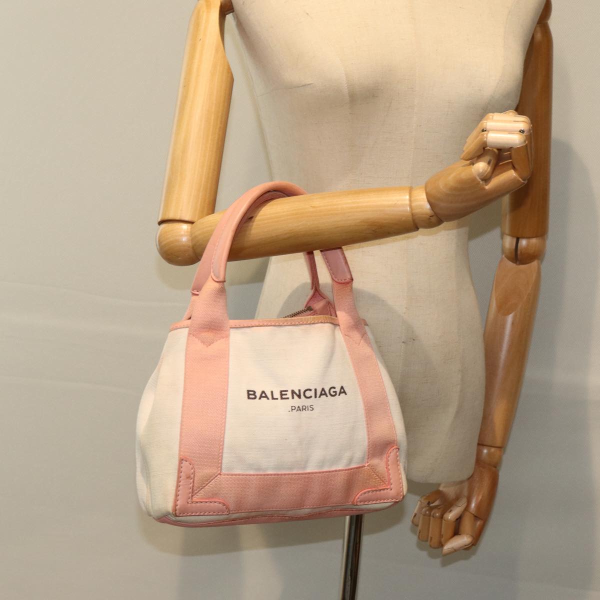 BALENCIAGA Navy Cabas XS Hand Bag Canvas Pink Auth ep4480