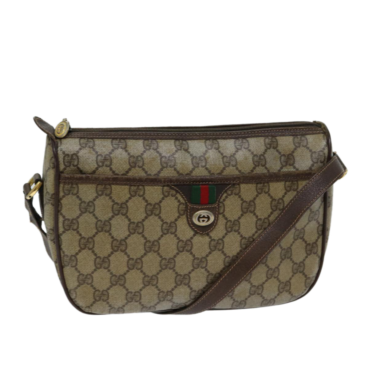 GUCCI GG Supreme Web Sherry Line Shoulder Bag PVC Leather Beige Brown Auth