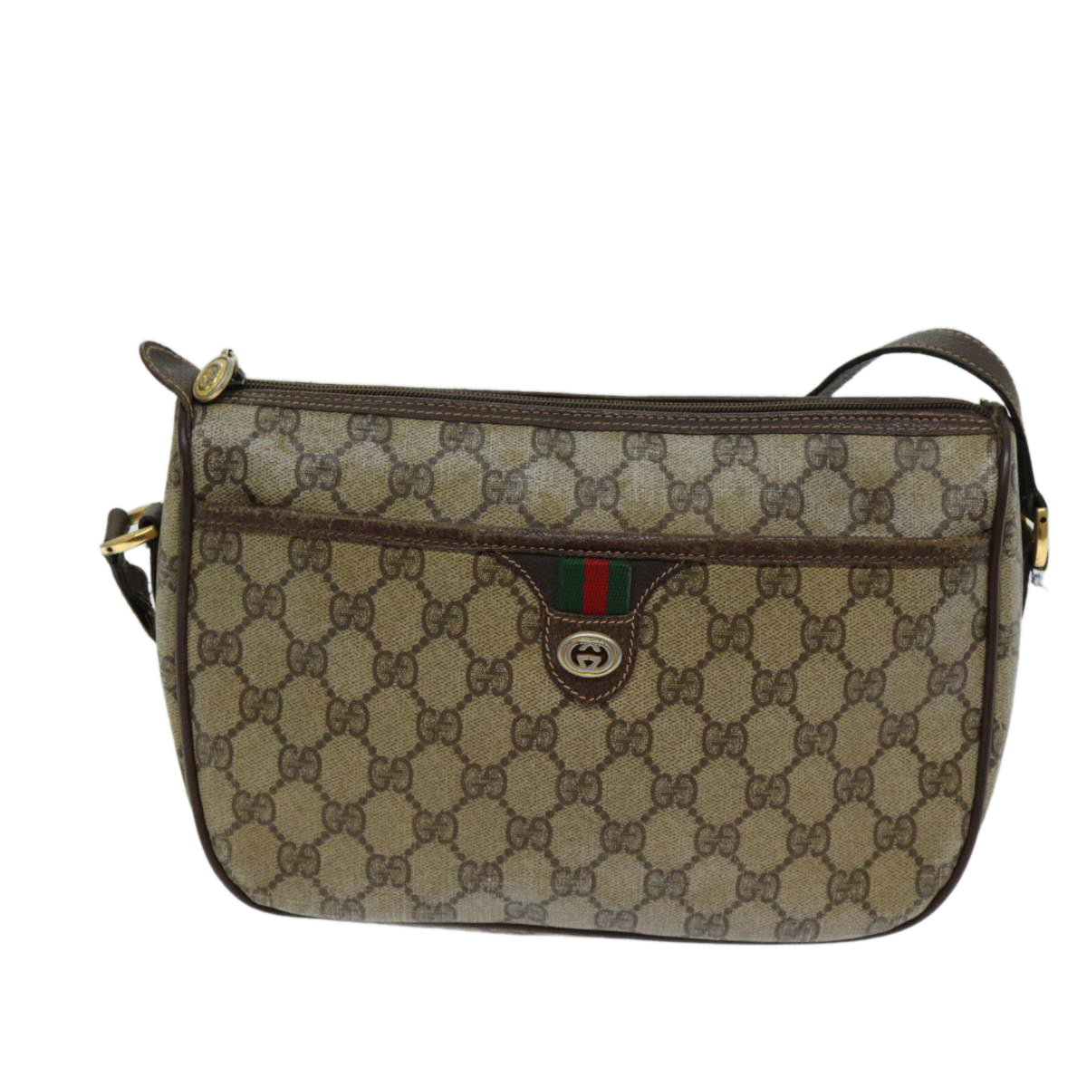 GUCCI GG Supreme Web Sherry Line Shoulder Bag PVC Leather Beige Brown Auth - 0